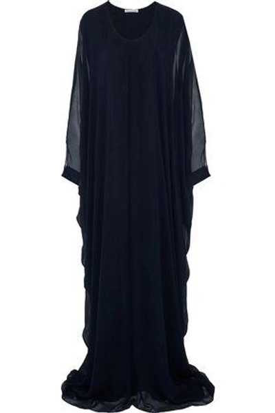 Shop Oscar De La Renta Woman Draped Neon Silk-georgette Gown Navy
