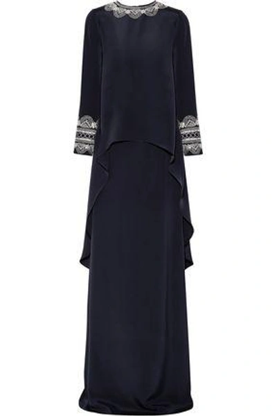 Shop Oscar De La Renta Asymmetric Embellished Silk Gown In Navy