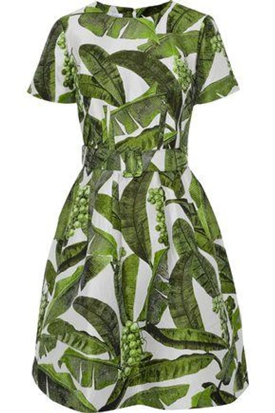 Shop Oscar De La Renta Flared Belted Jacquard Dress In Leaf Green