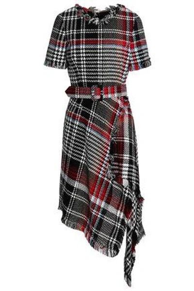 Shop Oscar De La Renta Woman Asymmetric Checked Cotton-blend Tweed Dress Charcoal