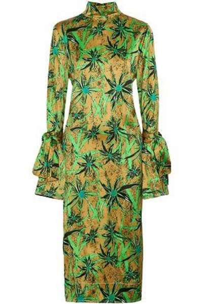 Shop Marni Woman Tie-back Printed Satin Midi Dress Lime Green