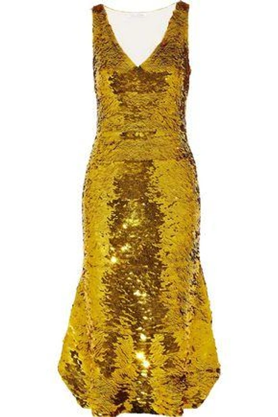 Shop Oscar De La Renta Sequined Silk-blend Organza Midi Dress In Gold