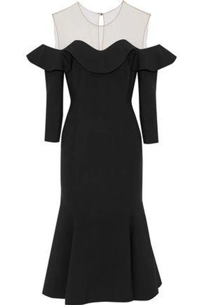 Shop Oscar De La Renta Woman Tulle-paneled Ruffled Wool-blend Midi Dress Black