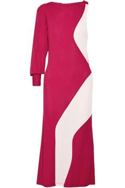 Shop Tome Asymmetric Two-tone Crepe Midi Dress In Fuchsia