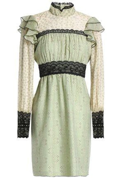 Shop Anna Sui Woman Lace-trimmed Printed Cotton And Silk-blend Mini Dress Light Green