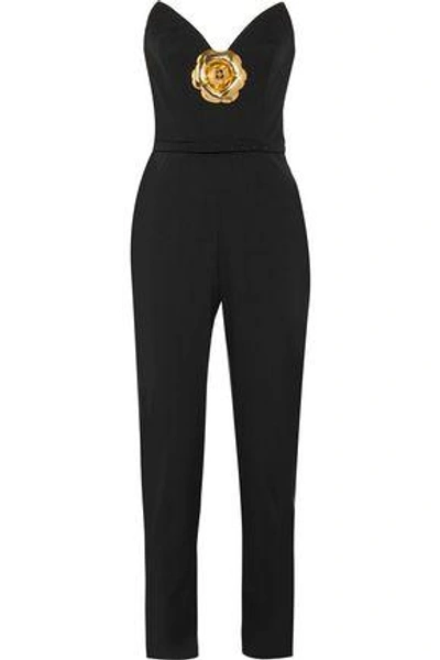 Shop Oscar De La Renta Woman Strapless Floral-appliquéd Wool Jumpsuit Black