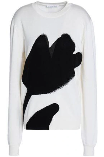 Shop Oscar De La Renta Woman Intarsia Silk And Cotton-blend Sweater Ivory