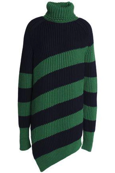 Shop Marco De Vincenzo Woman Striped Ribbed Wool Turtleneck Sweater Navy