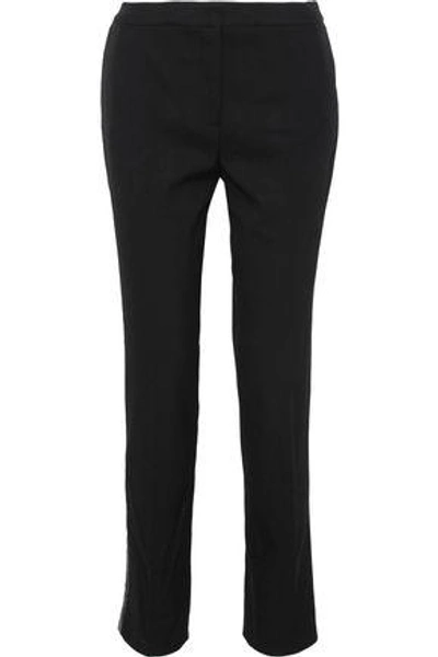 Shop Oscar De La Renta Sequin-embellished Stretch-wool Twill Slim-leg Pants In Black