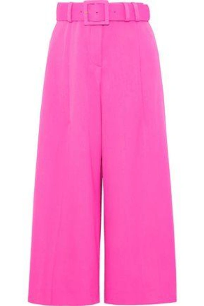 Shop Oscar De La Renta Belted Wool-blend Twill Culottes In Bright Pink