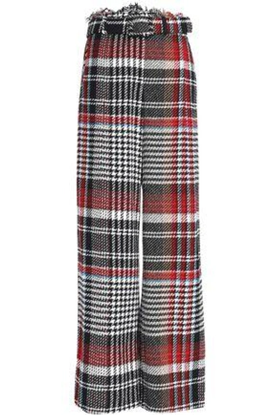 Shop Oscar De La Renta Woman Frayed Checked Cotton-tweed Wide-leg Pants Black