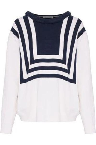 Shop Oscar De La Renta Woman Striped Silk And Cotton-blend Sweater White