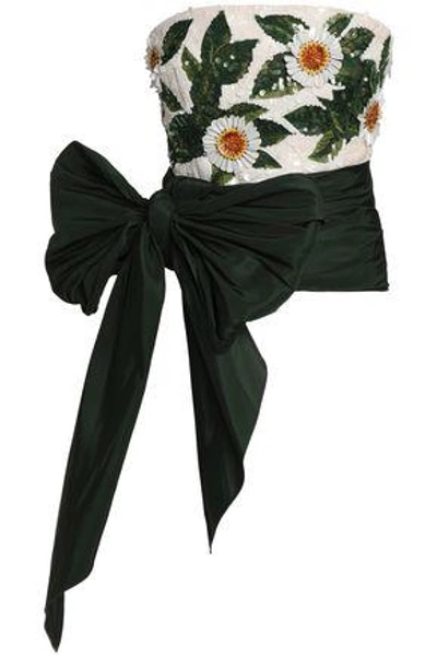 Shop Oscar De La Renta Woman Embellished Silk-jacquard And Taffeta Top Dark Green