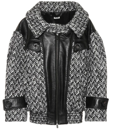 Shop Miu Miu Oversized Tweed And Leather Jacket In Black