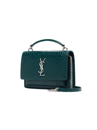 Shop Saint Laurent Green Logo Detail Croc Embossed Bag - Black