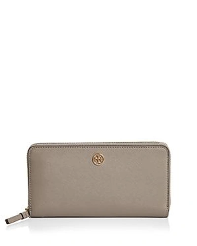 Shop Tory Burch Robinson Zip Leather Continental Wallet In Gray Heron/gold
