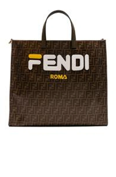 Shop Fendi Mania Large Logo Tote In Brown. In Brown & White