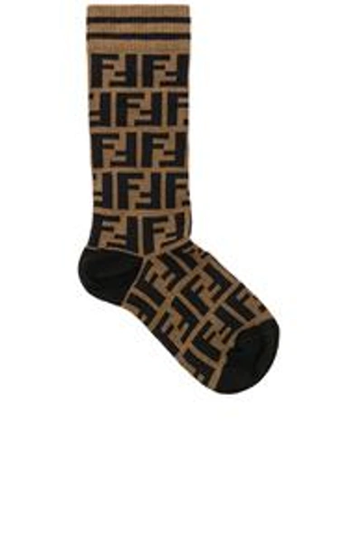 Shop Fendi Logo Print Crew Socks In Brown