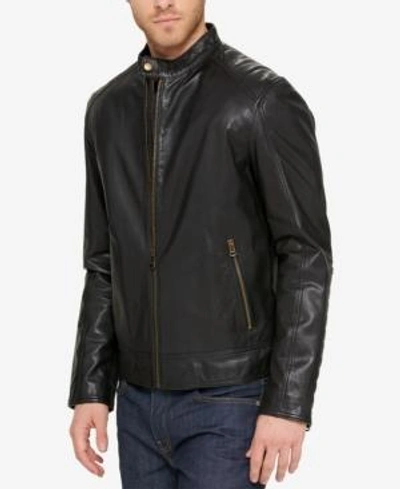 Shop Cole Haan Washed Leather Moto Jacket In Black