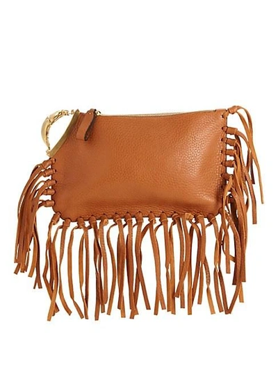 Shop Valentino Fringe Leather Clutch In Tan