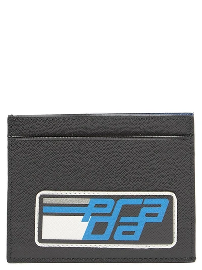 Shop Prada Logo Saffiano Leather Cardholder In Black