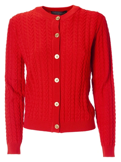 Shop Versace Cable Knit Cardigan In Red Scintilla