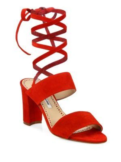 Shop Manolo Blahnik Khandala Suede Ankle-wrap Block Heel Sandals In Red Suede