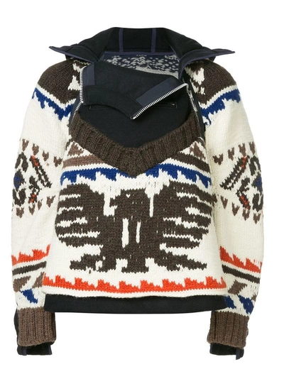 Shop Sacai Eagle Knit Hooded Jacket In Multicolour