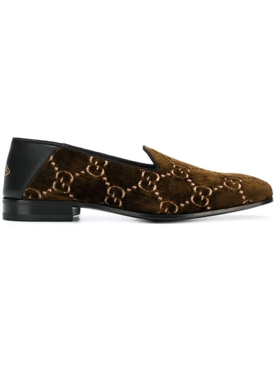 Shop Gucci Gg Velvet Loafers In Brown
