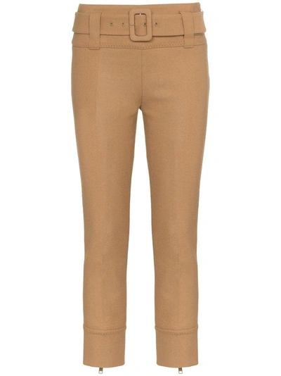 Shop Prada High-waisted Belted Trousers - Nude & Neutrals