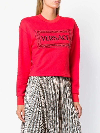Shop Versace Embroidered Logo Sweatshirt In Red