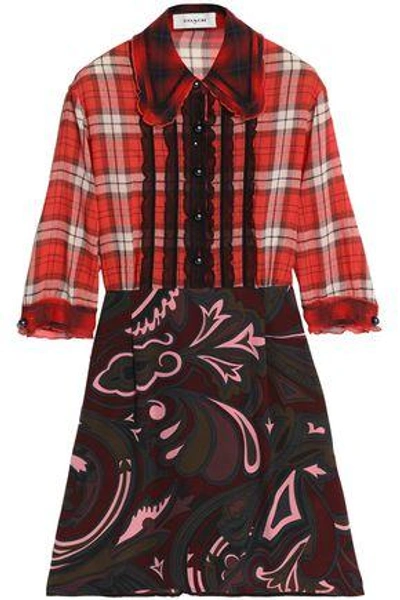 Shop Coach Woman Ruffle-trimmed Checked Flannel And Printed Wool-blend Crepe Mini Dress Red