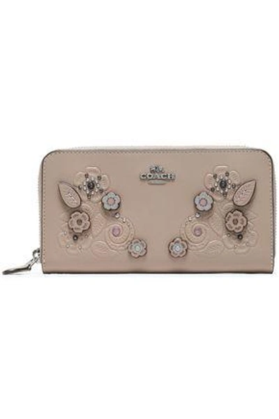 Shop Coach Woman Embellished Embossed Leather Wallet Taupe