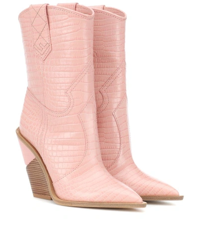 Shop Fendi Embossed Leather Cowboy Boots In Pink