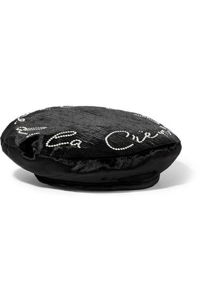 Shop Eugenia Kim Cher Swarovski Pearl-embellished Velvet Beret In Black