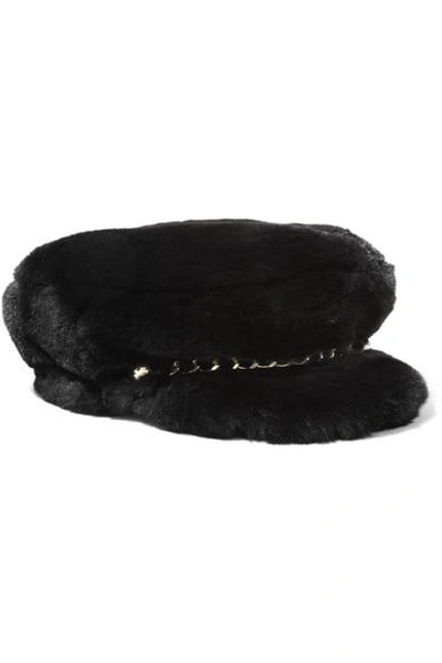 Shop Eugenia Kim Marina Chain-embellished Faux Fur Cap In Black