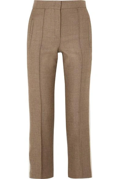 Shop Fendi Striped Silk-trimmed Fleece Wool-blend Straight-leg Pants In Brown