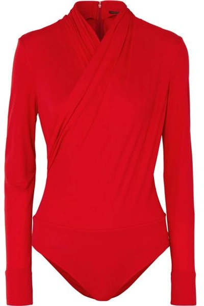 Shop Versace Wrap-effect Crepe Bodysuit In Red