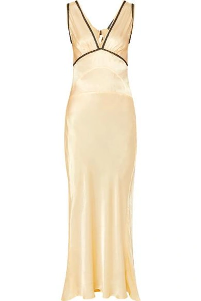 Shop Alexa Chung Lace-trimmed Satin-crepe Maxi Dress In Pastel Yellow