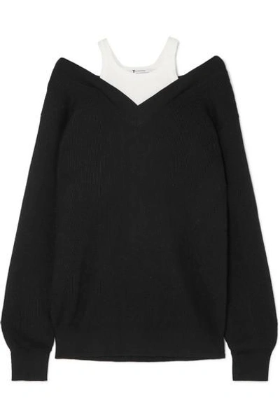 Shop Alexander Wang T Layered Ribbed Merino Wool-blend And Cotton Sweater In Black