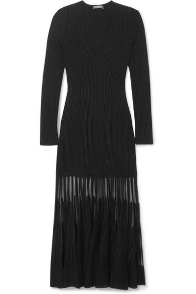 Shop Alexander Mcqueen Mesh-paneled Ribbed Stretch-knit Dress In Black