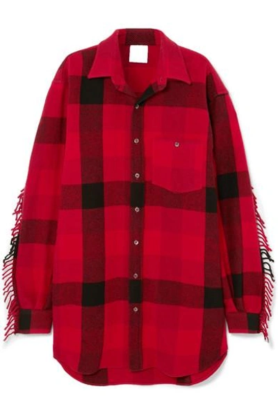 Shop Vetements Oversized Fringed Checked Wool-blend Flannel Shirt In Tomato Red