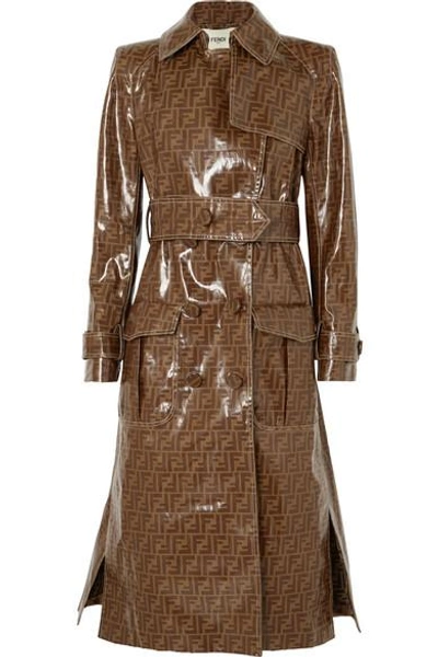 Shop Fendi Printed Vinyl Trench Coat In Brown