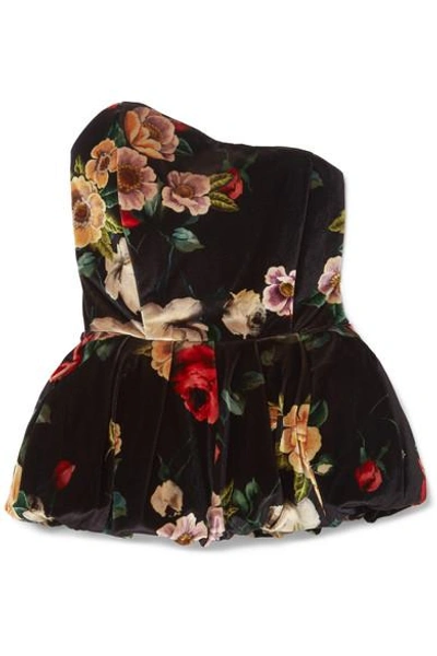 Shop Attico Asymmetric Floral-print Velvet Peplum Top In Black