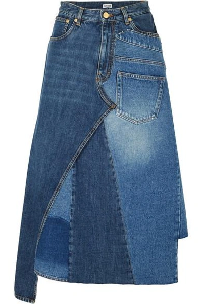 Shop Loewe Asymmetric Patchwork Denim Midi Skirt In Indigo