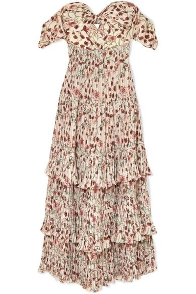 Shop Johanna Ortiz The Lady Of Shalott Off-the-shoulder Floral-print Crepe De Chine Gown In Beige