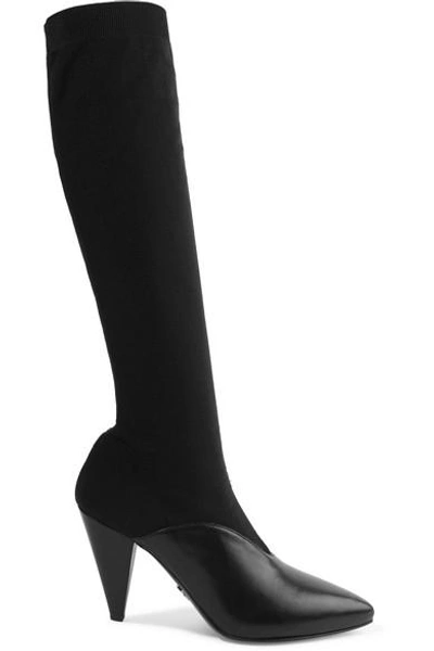 Shop Prada 90 Stretch-knit And Leather Knee Sock Boots In Black