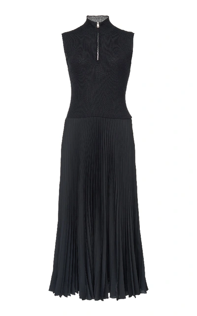 Shop Prada Stretch-knit And Plissé Midi Dress In Black