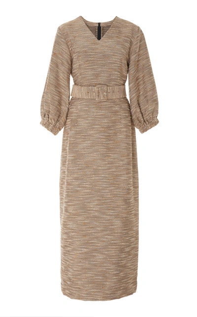 Shop Bouguessa Tweed Puffed Sleeves Dress In Neutral