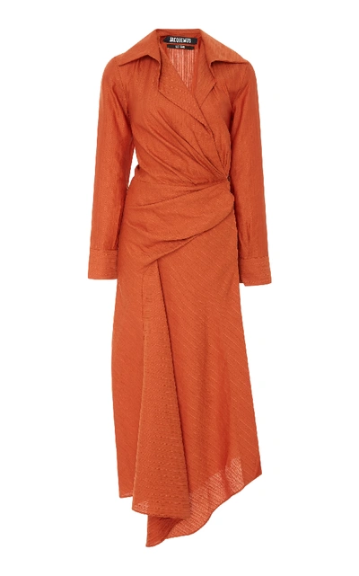 Shop Jacquemus Sabah Draped Linen And Cotton-blend Shirt Dress  In Orange